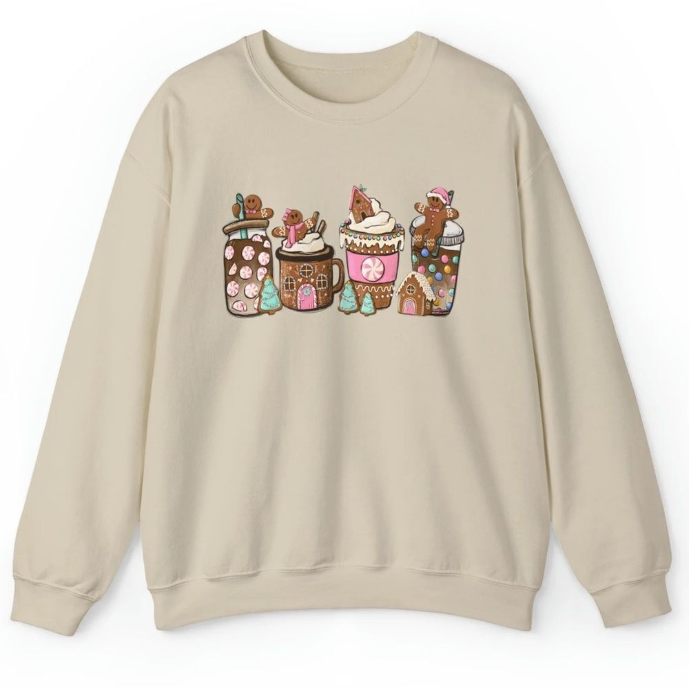 Gingerbread Print Women’s Crew Neck Cozy Christmas Sweatshirt,‎ Sand, Size L